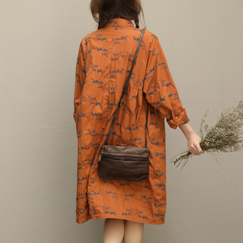 Embroidery Button Down Cotton Quilting Clothes Sleeve Brown Short Dresses