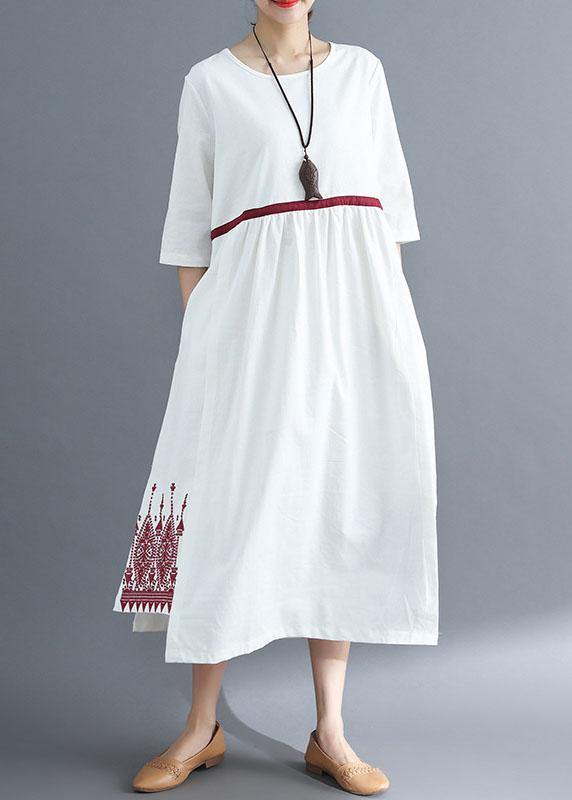 Embroidery Linen Sewing Red Dress Summer
