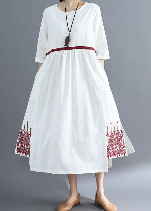 Embroidery Linen Sewing Red Dress Summer