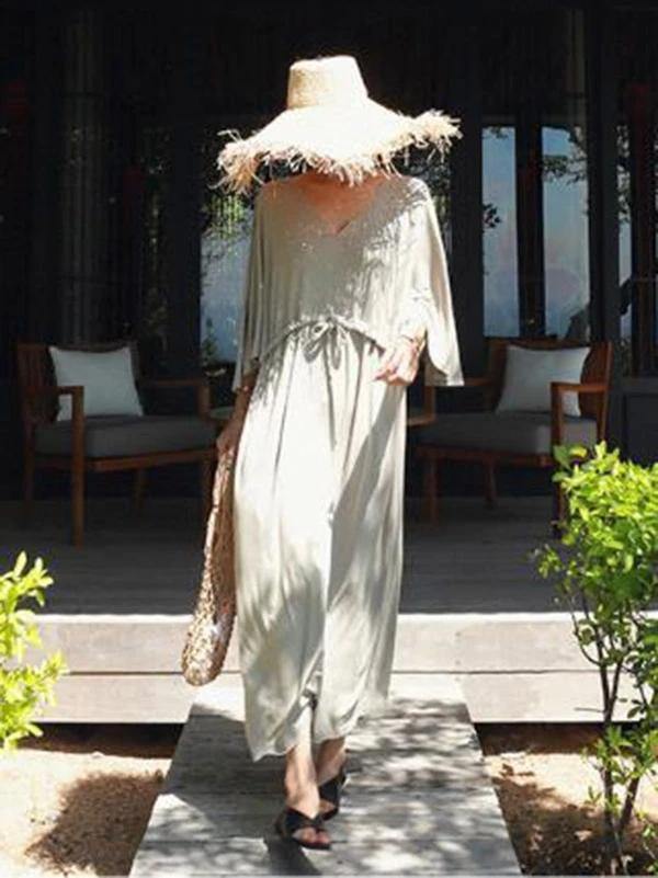 Gray Cotton Tunics V Neck Drawstring Loose Dress