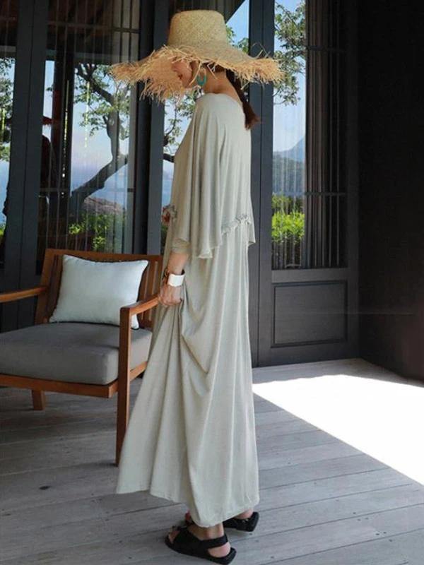 Gray Cotton Tunics V Neck Drawstring Loose Dress