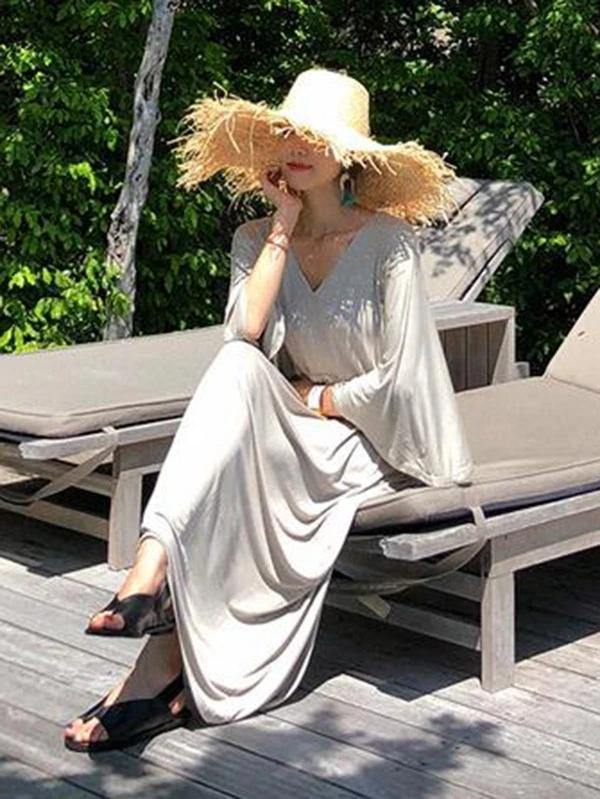 Gray Cotton Tunics V Neck Drawstring Loose Dress