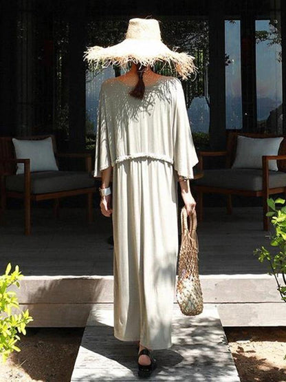 Gray Cotton Tunics V Neck Drawstring Loose Dress