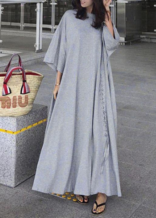 Gray Cotton Dresses O Neck Extra Large Hem Long Dress