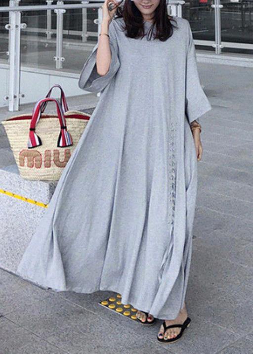 Gray Cotton Dresses O Neck Extra Large Hem Long Dress