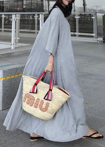 Gray Cotton Dresses O Neck Extra Large Hem Long Dress