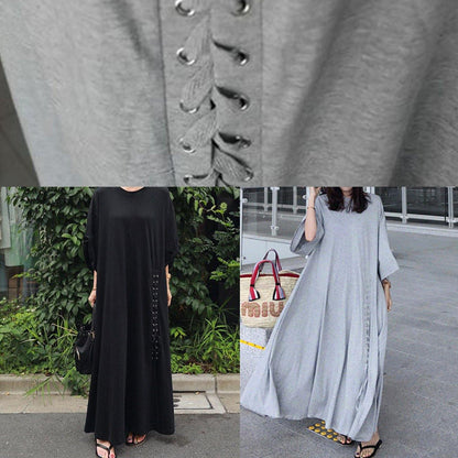Gray Cotton Dresses O Neck Extra Large Hem Long Dress