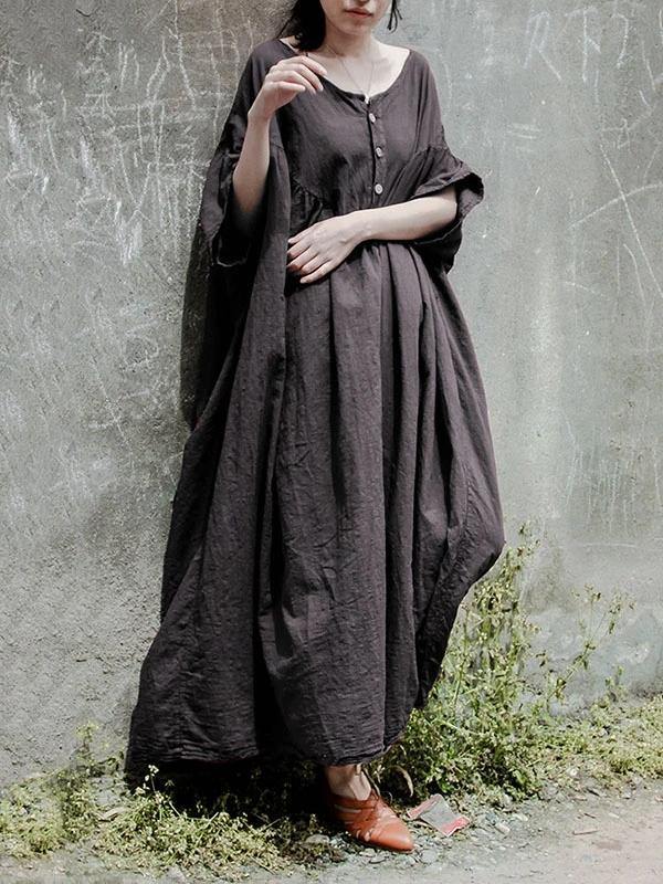 Gray Cotton Tunic Pattern O Neck Baggy Kaftan Dresses