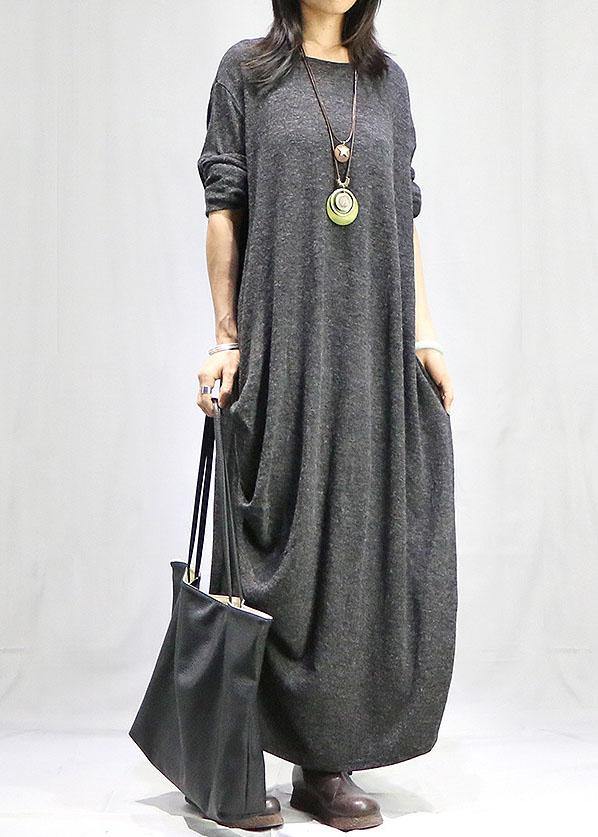 Gray Dresses O Neck Long Sleeve Long Fall Dress