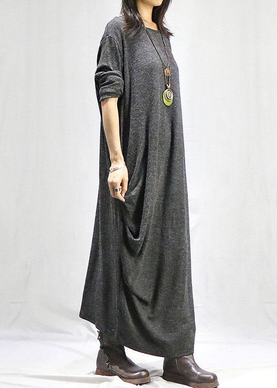 Gray Dresses O Neck Long Sleeve Long Fall Dress