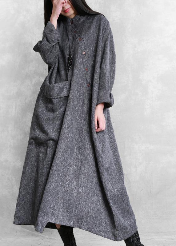 Gray Linen Clothes for Stand Collar Asymmetric Loose Dresses