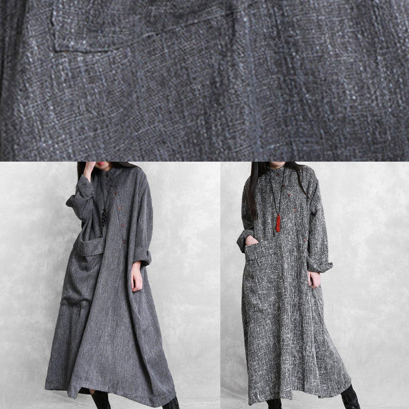 Gray Linen Clothes for Stand Collar Asymmetric Loose Dresses