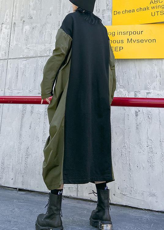 Green Tunics O Neck Patchwork Cinched Maxi Fall Dress