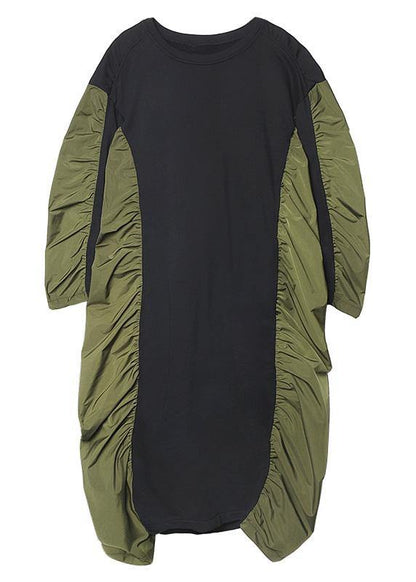 Green Tunics O Neck Patchwork Cinched Maxi Fall Dress