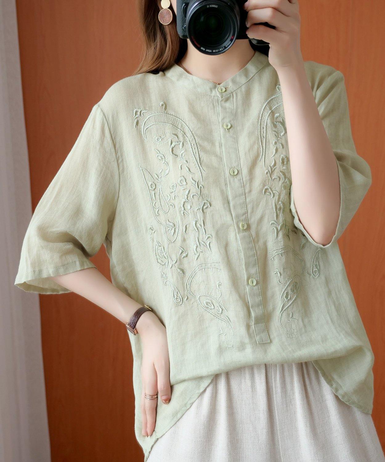 Green Clothes for Stand Collar Embroidery Silhouette Top