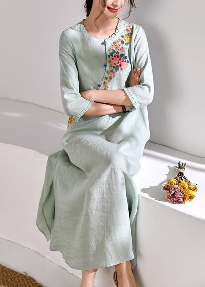 Green Linen Clothes for Embroidery a Line O Neck Dresses