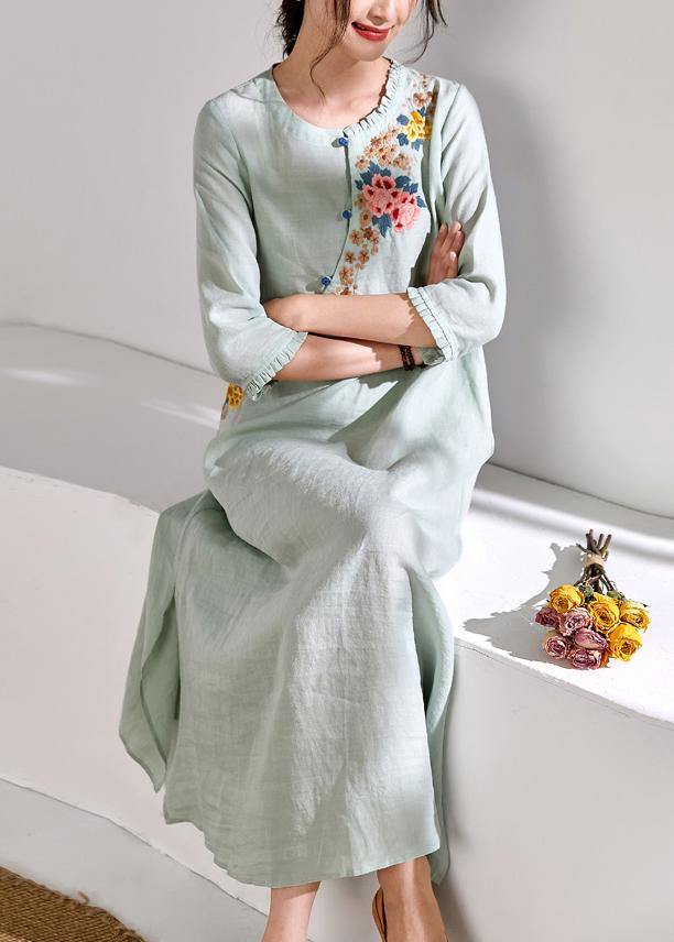Green Linen Clothes for Embroidery a Line O Neck Dresses