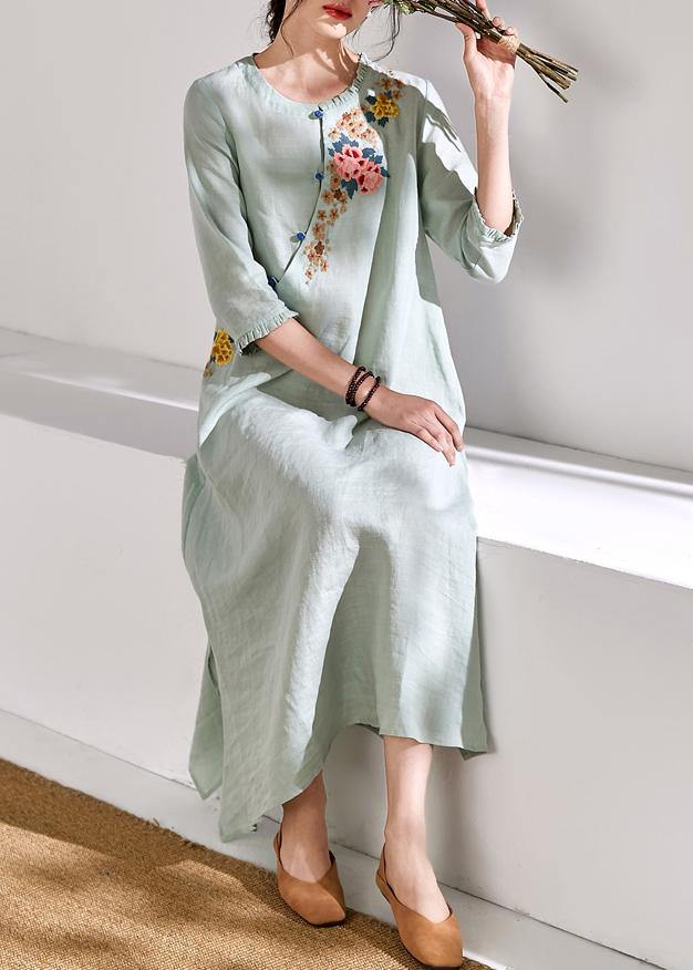 Green Linen Clothes for Embroidery a Line O Neck Dresses