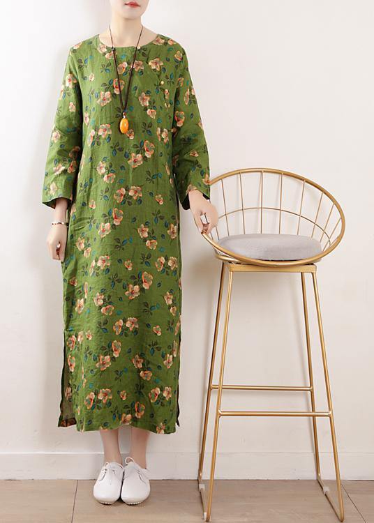 Green O Neck Linen Outfit Cotton Summer Dress