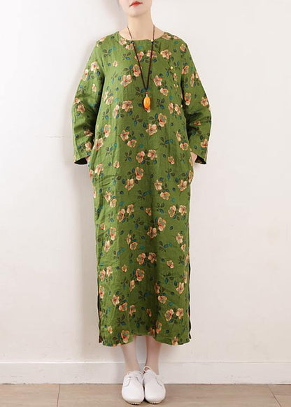 Green O Neck Linen Outfit Cotton Summer Dress