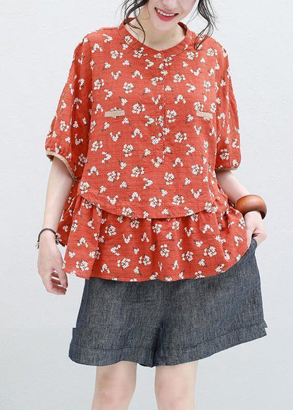 Half Sleeve Linen Tunic Design Red Prints Blouse Summer