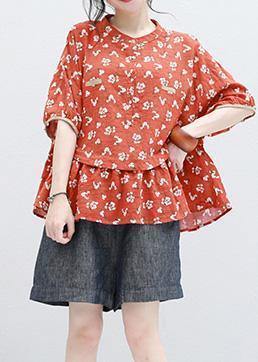 Half Sleeve Linen Tunic Design Red Prints Blouse Summer