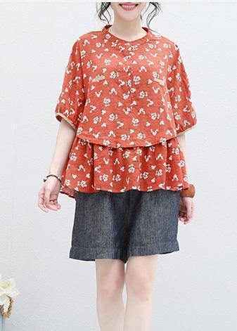 Half Sleeve Linen Tunic Design Red Prints Blouse Summer