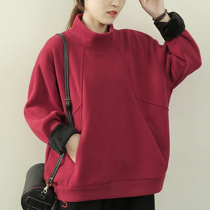 Bohemian high neck patchwork clothes red Plus Size Clothing blouse