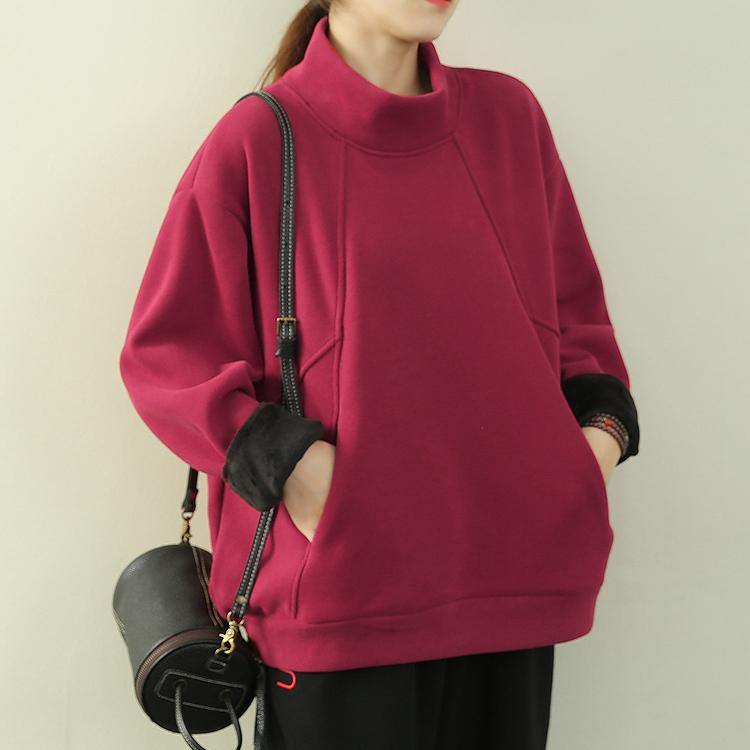 Bohemian high neck patchwork clothes red Plus Size Clothing blouse