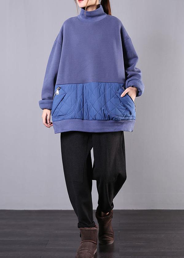 High Neck Patchwork Cotton Fall Tunic Pattern Neckline Blue Blouses