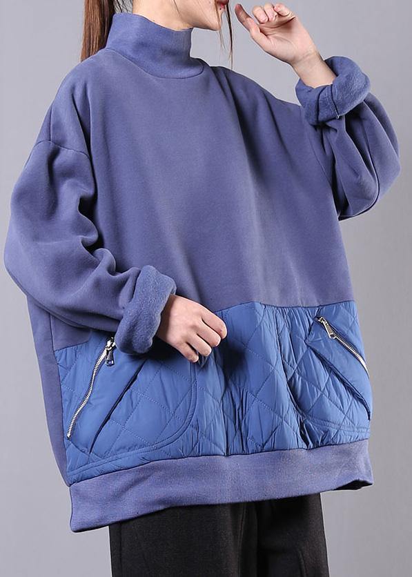 High Neck Patchwork Cotton Fall Tunic Pattern Neckline Blue Blouses