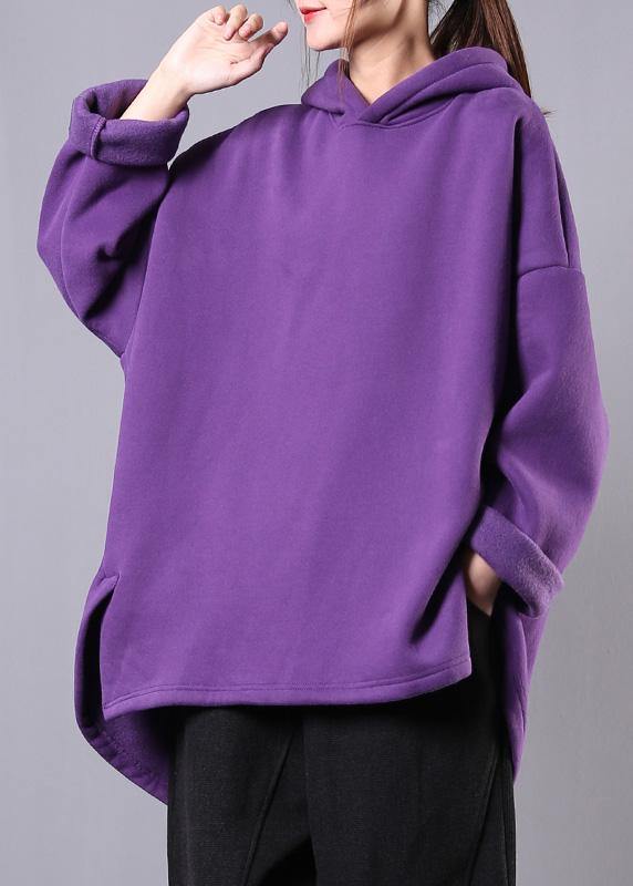Hooded Low High Design Cotton Tunic Fabrics Purple Blouses