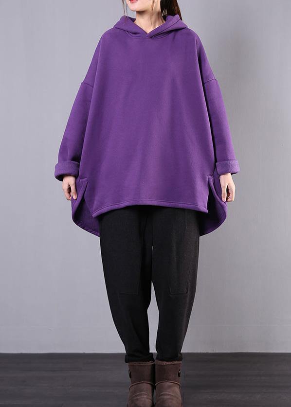 Bohemian hooded low high design cotton Tunic Fabrics purple blouses
