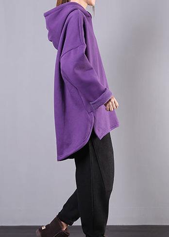 Hooded Low High Design Cotton Tunic Fabrics Purple Blouses