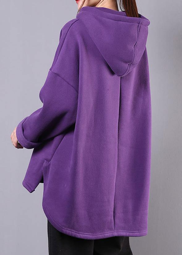 Hooded Low High Design Cotton Tunic Fabrics Purple Blouses