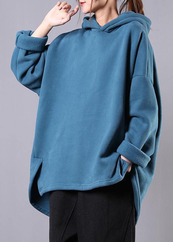 Hooded Pockets Cotton Clothes for Neckline Blue Tops