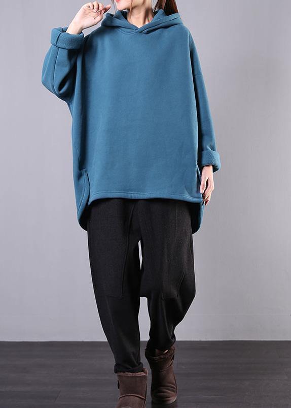 Hooded Pockets Cotton Clothes for Neckline Blue Tops