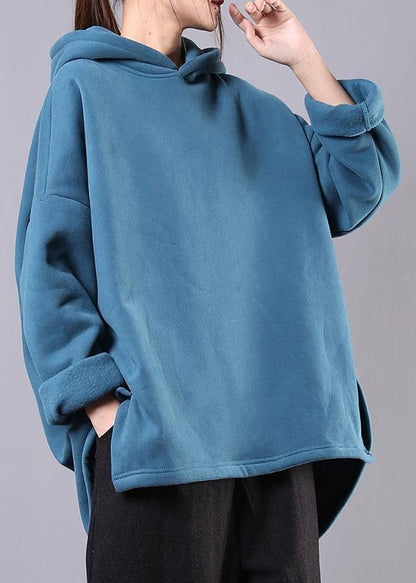 Bohemian hooded pockets cotton clothes For Women Neckline blue tops