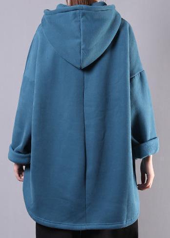 Bohemian hooded pockets cotton clothes For Women Neckline blue tops