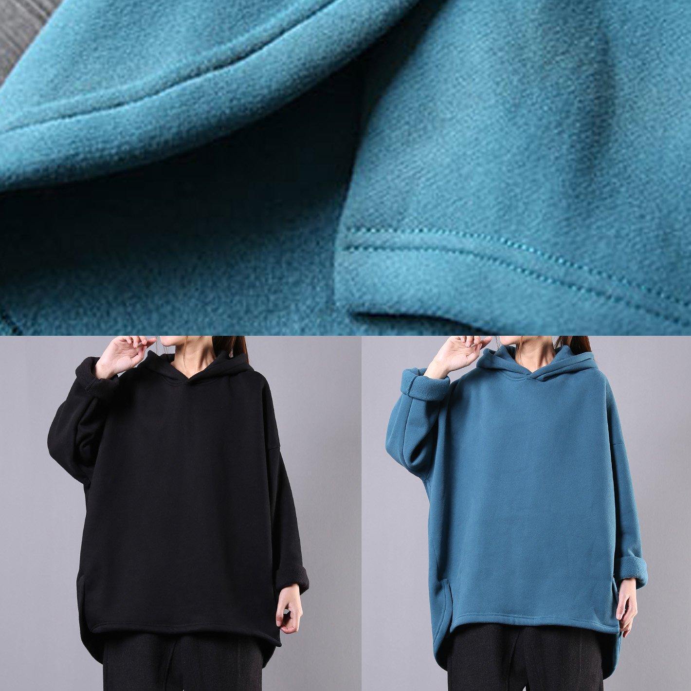 Bohemian hooded pockets cotton clothes For Women Neckline blue tops