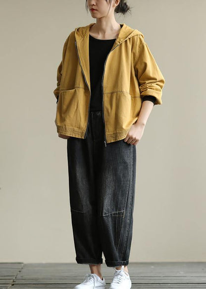 Hooded Zippered Fall Clothes for Yellow Loose Outwears
