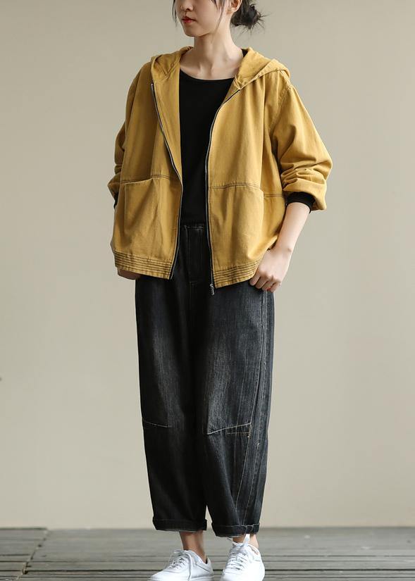 Hooded Zippered Fall Clothes for Yellow Loose Outwears