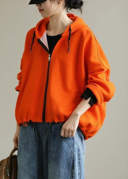 Hooded Zippered Tops Neckline Orange Shirt