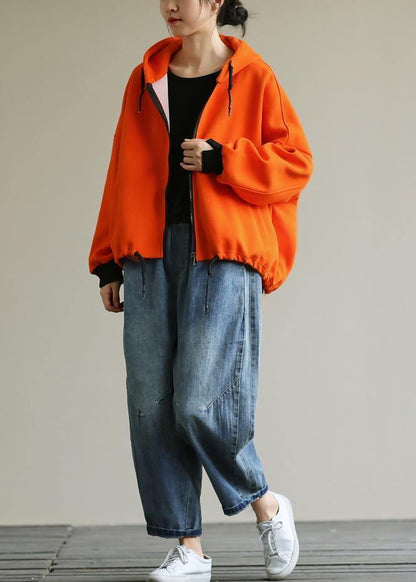 Hooded Zippered Tops Neckline Orange Shirt