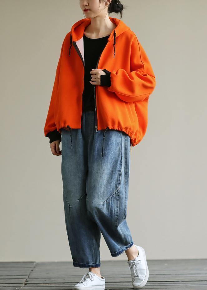 Hooded Zippered Tops Neckline Orange Shirt