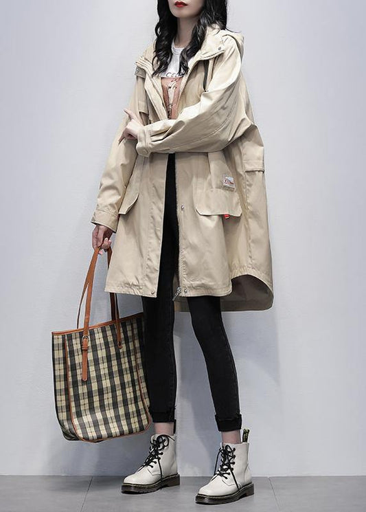 Khaki Letter Outwear Ideas Hooded Zippered Coats