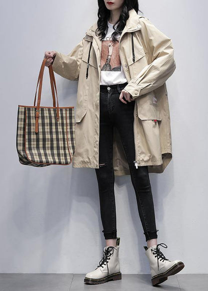 Khaki Letter Outwear Ideas Hooded Zippered Coats