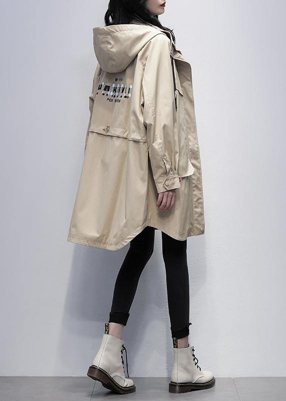 Khaki Letter Outwear Ideas Hooded Zippered Coats