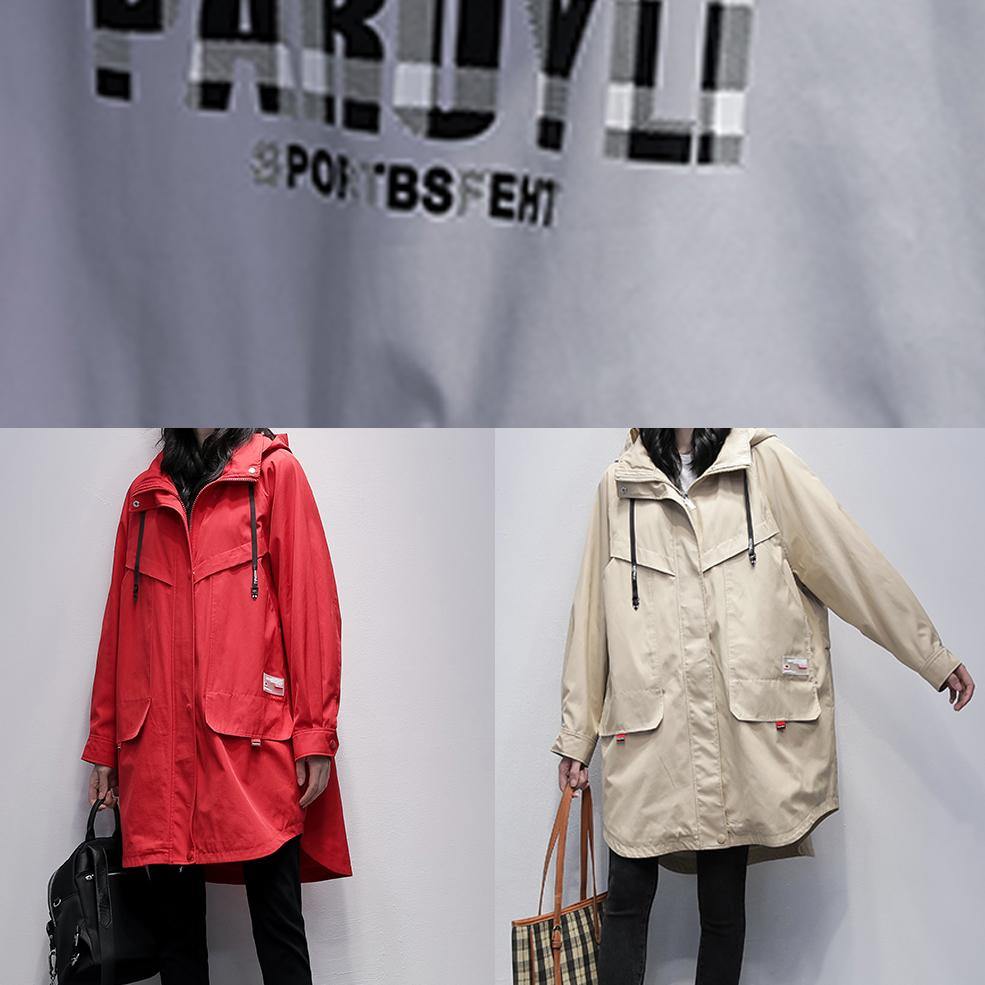 Khaki Letter Outwear Ideas Hooded Zippered Coats