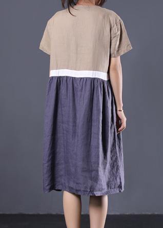 Khaki V Neck Linen Clothes Patchwork Color Long Summer Dress